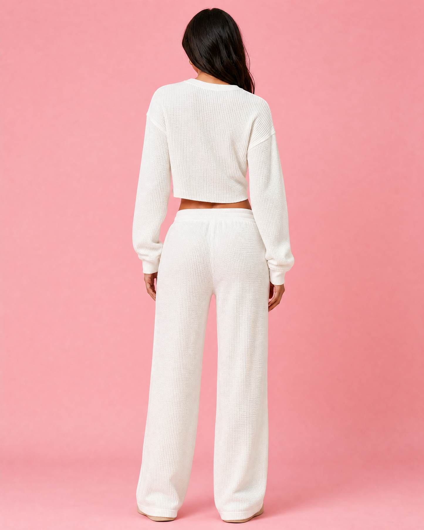 Waffle-Knit Round Neck Top and Pants Set