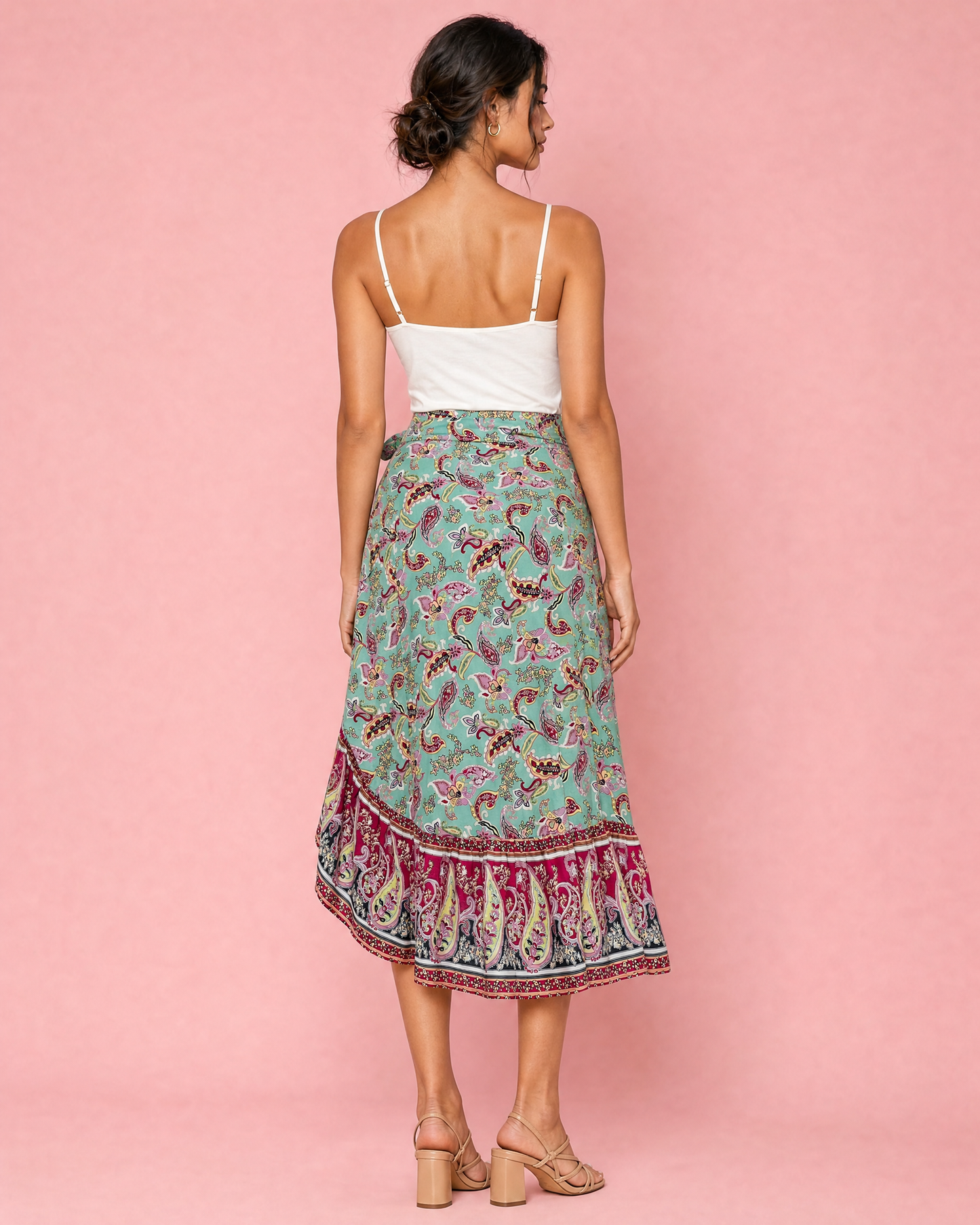Tie Waistband Flounce Hem Midi Skirt