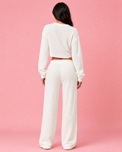 Waffle-Knit Round Neck Top and Pants Set