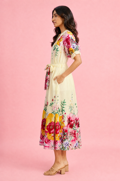 Umgee Mix Floral Border Print Midi Dress