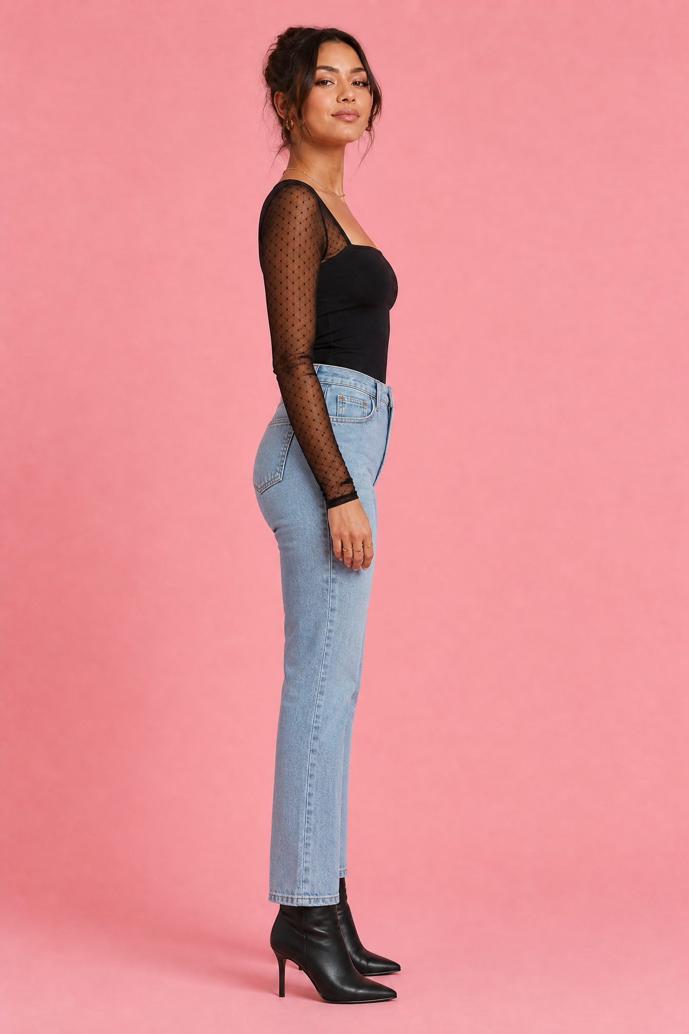 Mesh Sleeve Square Neck Bodysuit