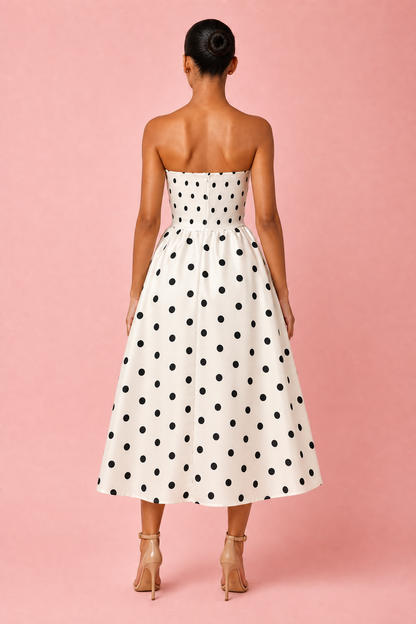 Polka Dot Strapless Midi Dress