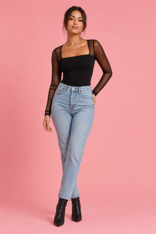 Mesh Sleeve Square Neck Bodysuit