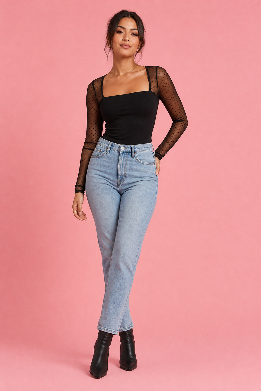Mesh Sleeve Square Neck Bodysuit