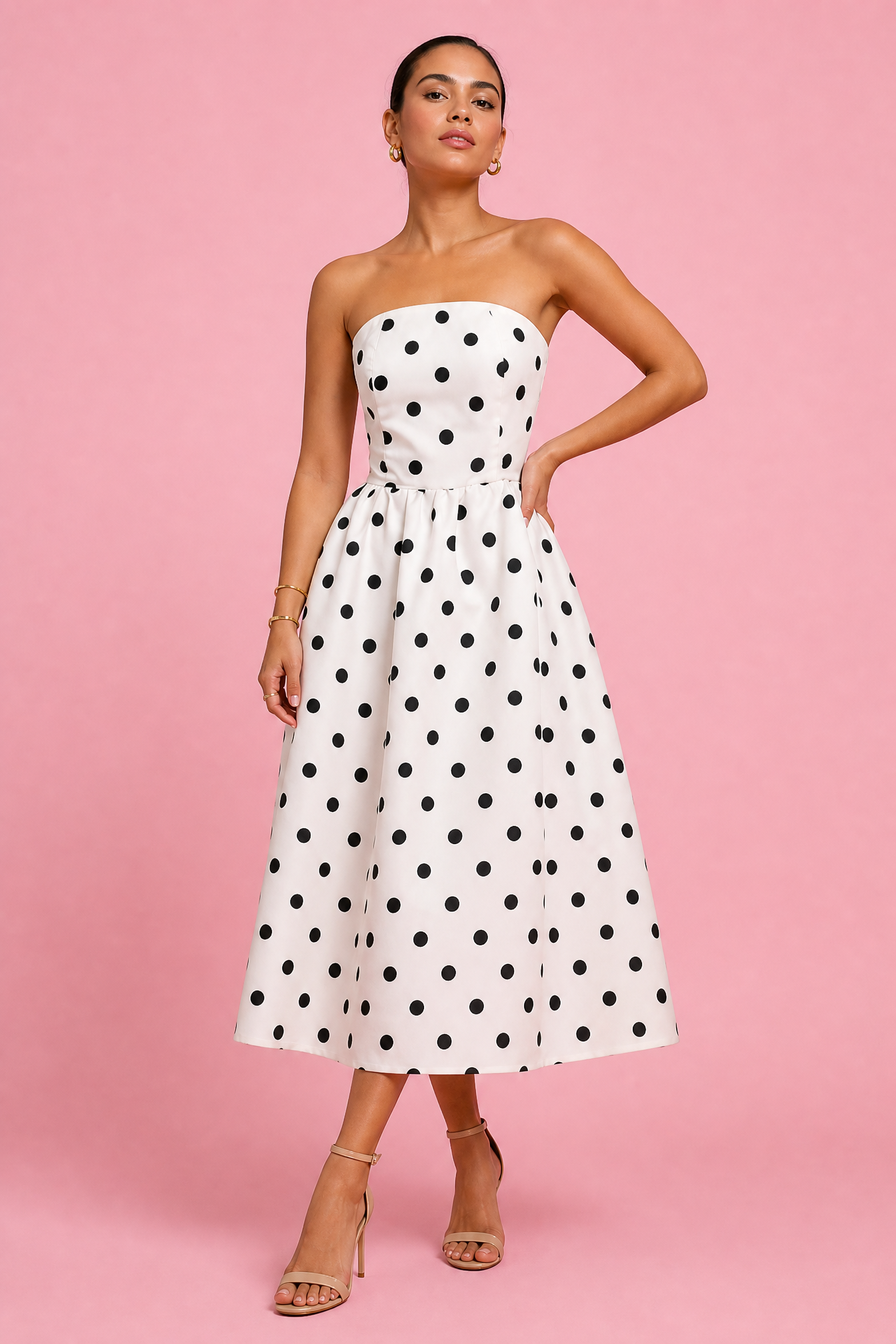 Polka Dot Strapless Midi Dress