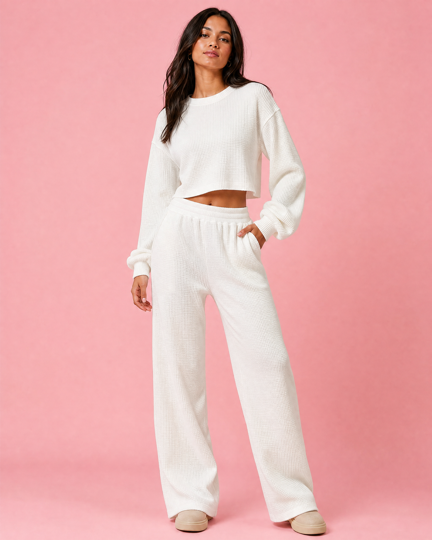 Waffle-Knit Round Neck Top and Pants Set