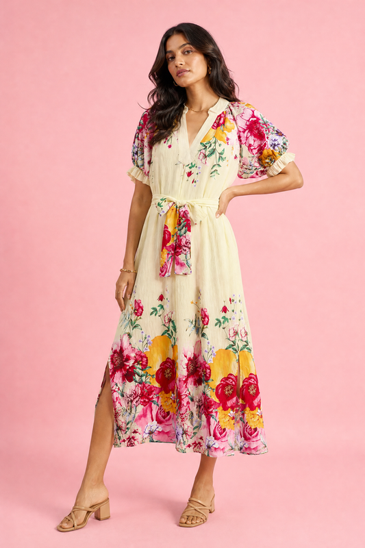 Umgee Mix Floral Border Print Midi Dress