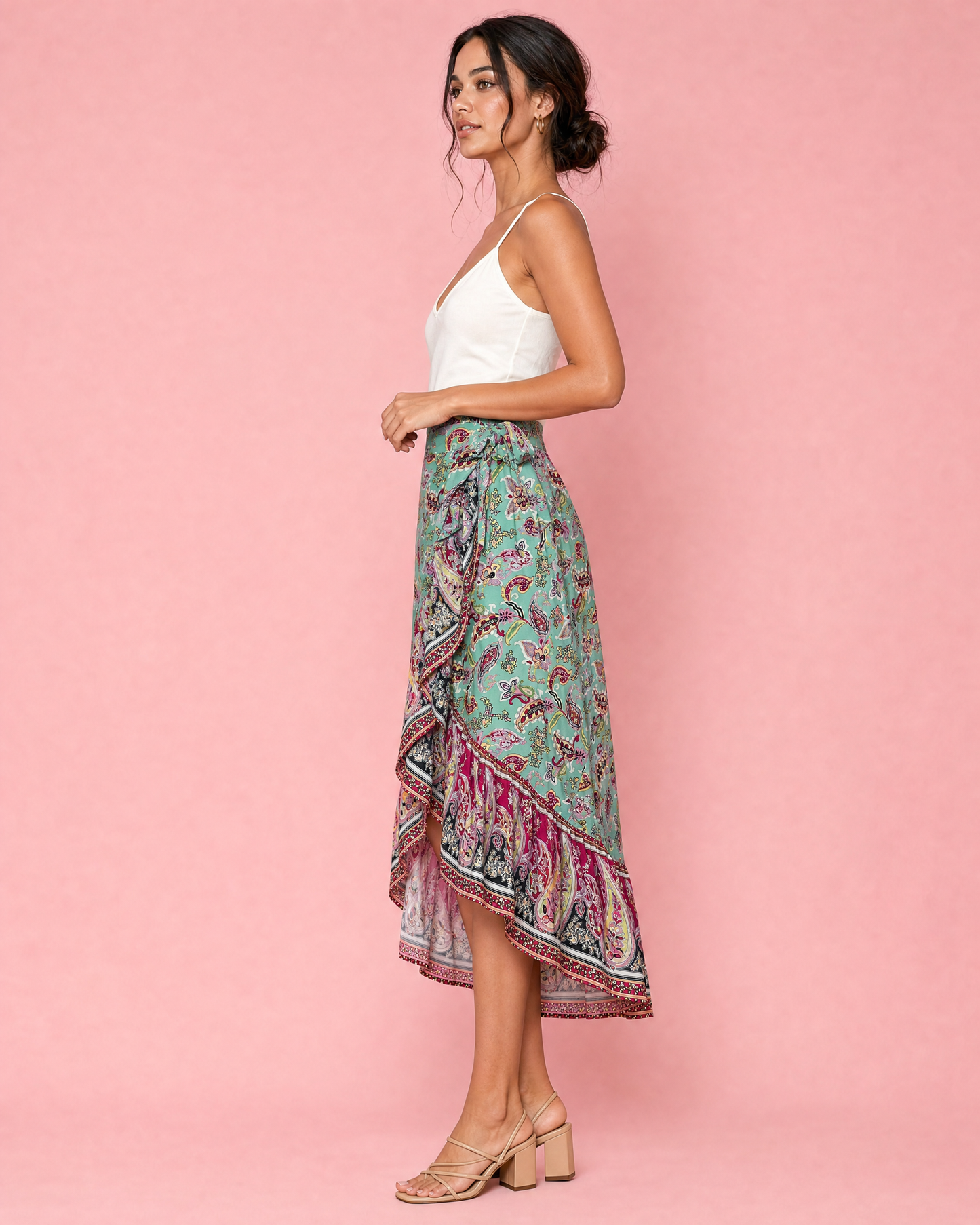 Tie Waistband Flounce Hem Midi Skirt