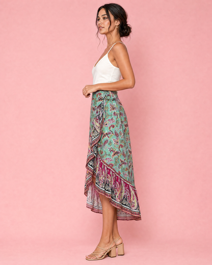Tie Waistband Flounce Hem Midi Skirt