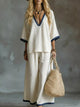 Contrast Trim V-Neck Top and Pants Set