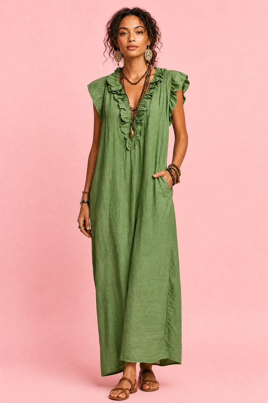 Full Size Ruffled V-Neck Cap Sleeve Maxi Dress Plus Size