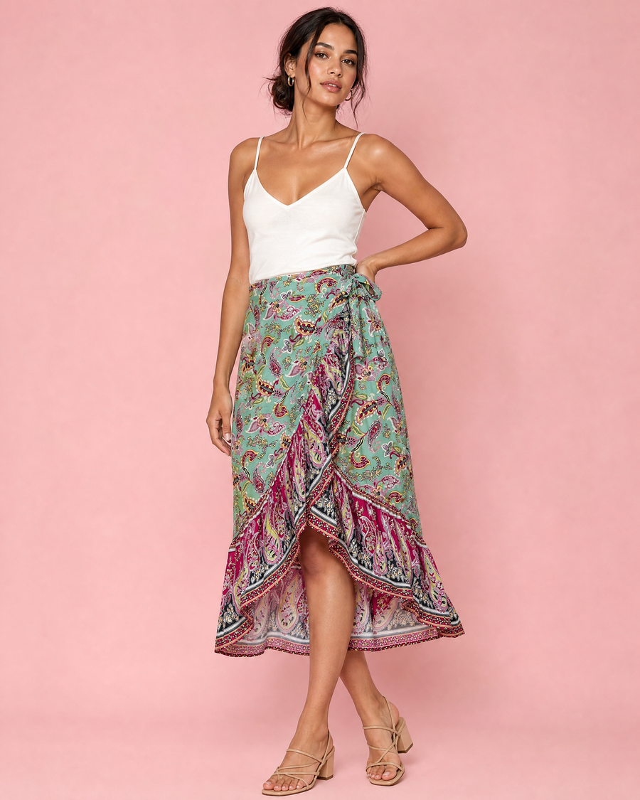 Tie Waistband Flounce Hem Midi Skirt