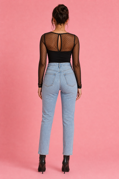 Mesh Sleeve Square Neck Bodysuit