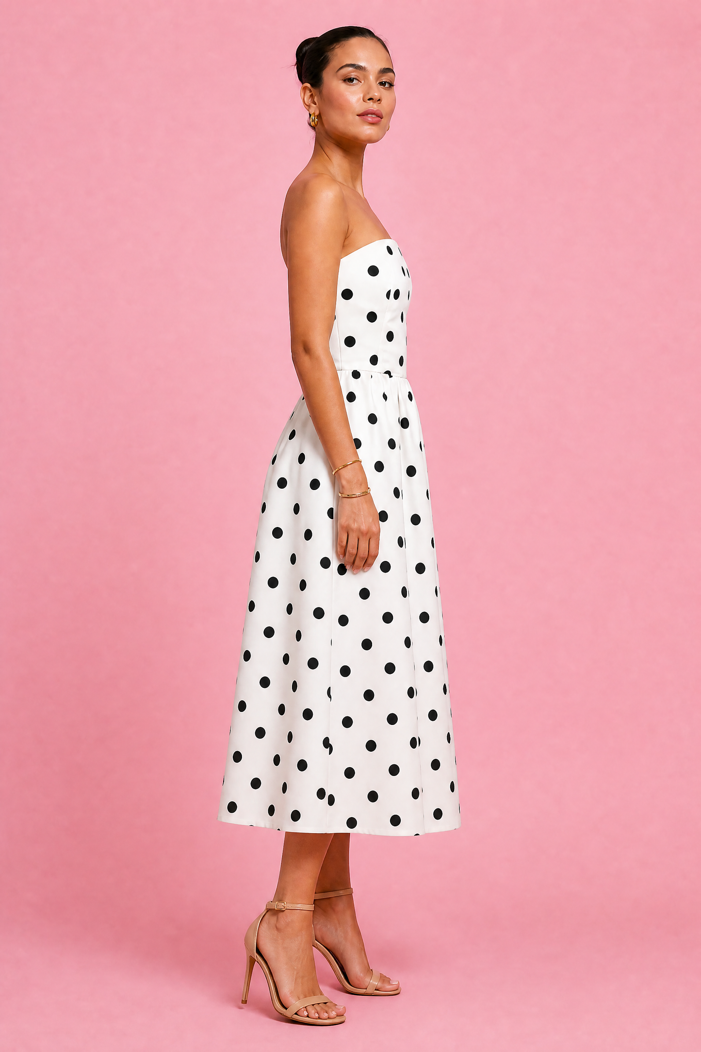 Polka Dot Strapless Midi Dress