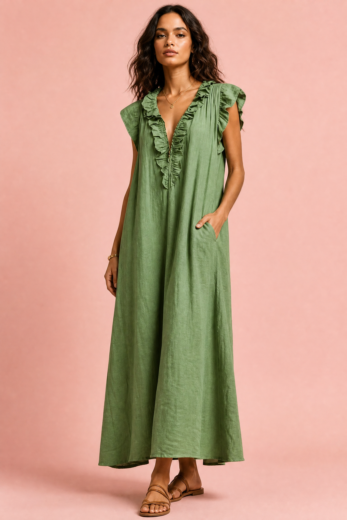 Full Size Ruffled V-Neck Cap Sleeve Maxi Dress Plus Size