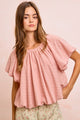 BiBi Stripes Textured Shirred Neckline Bubble Hem Top
