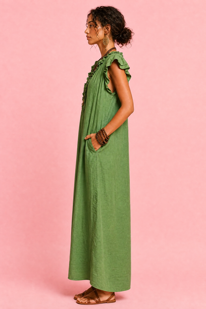 Full Size Ruffled V-Neck Cap Sleeve Maxi Dress Plus Size