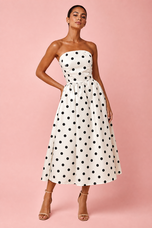Polka Dot Strapless Midi Dress
