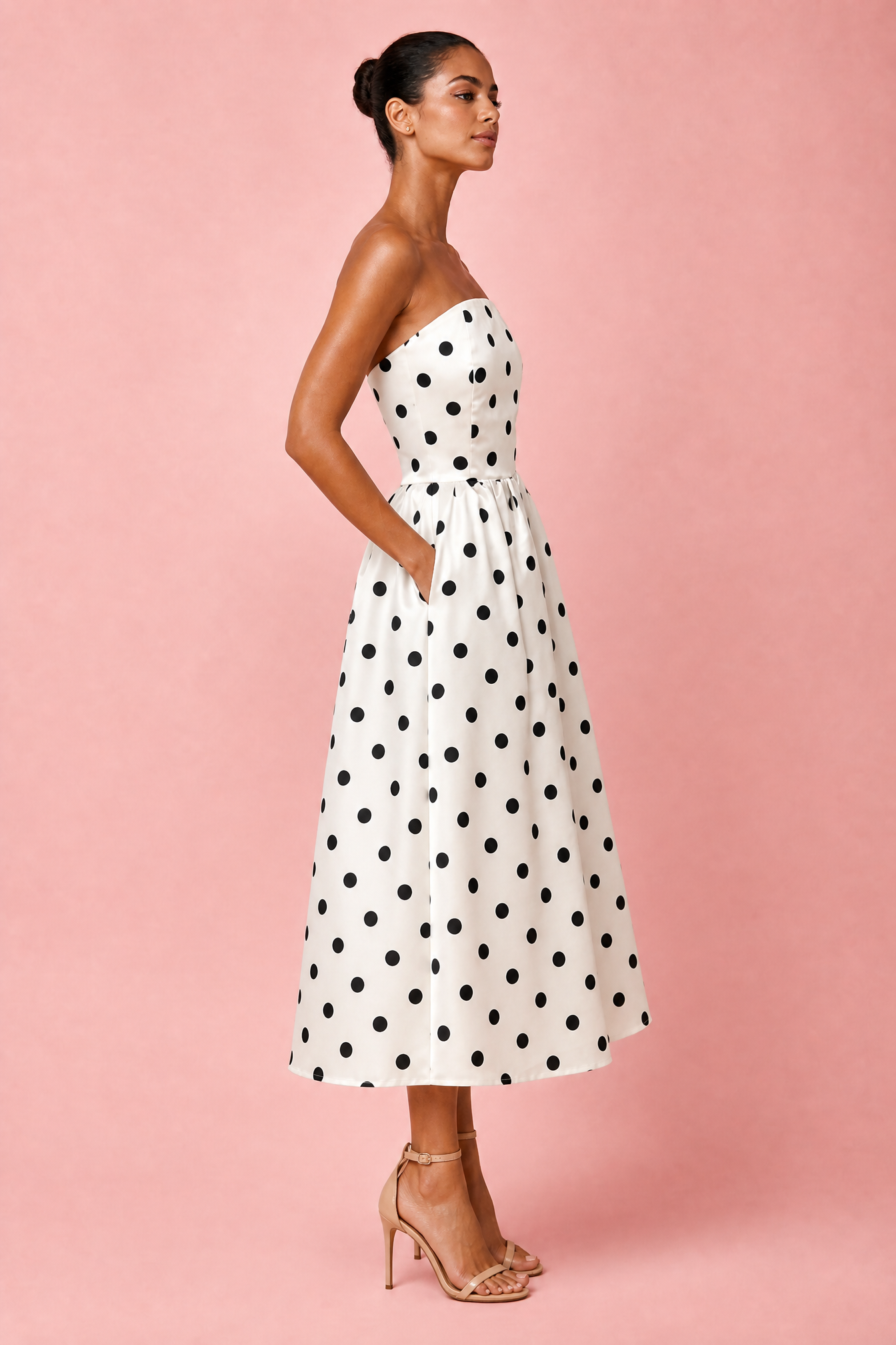 Polka Dot Strapless Midi Dress