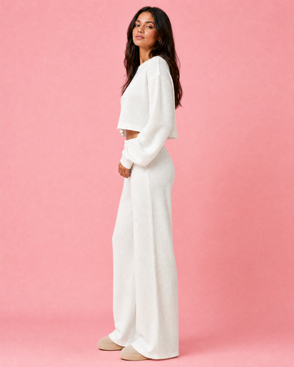 Waffle-Knit Round Neck Top and Pants Set