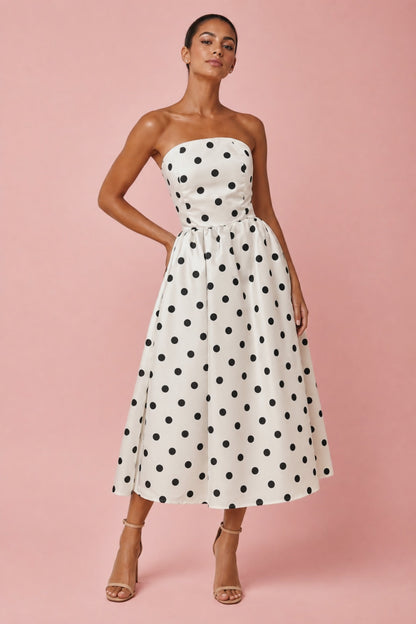 Polka Dot Strapless Midi Dress