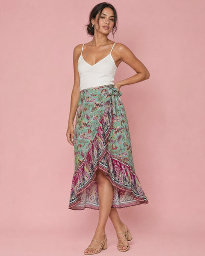 Tie Waistband Flounce Hem Midi Skirt