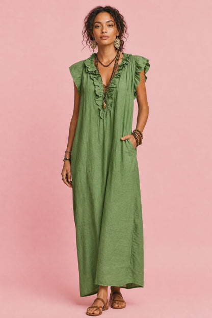 Full Size Ruffled V-Neck Cap Sleeve Maxi Dress Plus Size