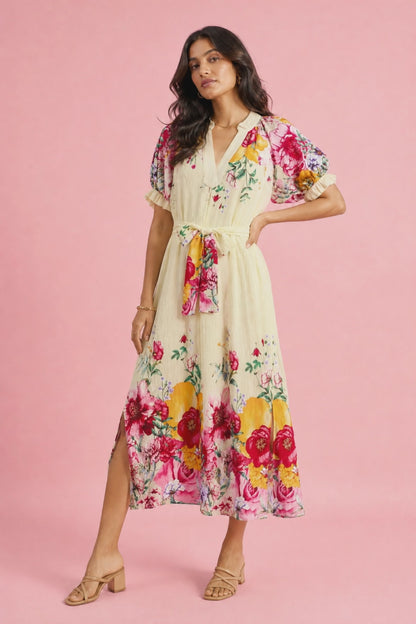 Umgee Mix Floral Border Print Midi Dress