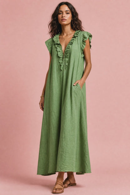 Full Size Ruffled V-Neck Cap Sleeve Maxi Dress Plus Size
