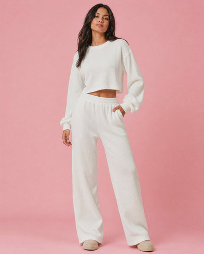Waffle-Knit Round Neck Top and Pants Set