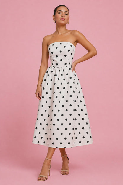 Polka Dot Strapless Midi Dress